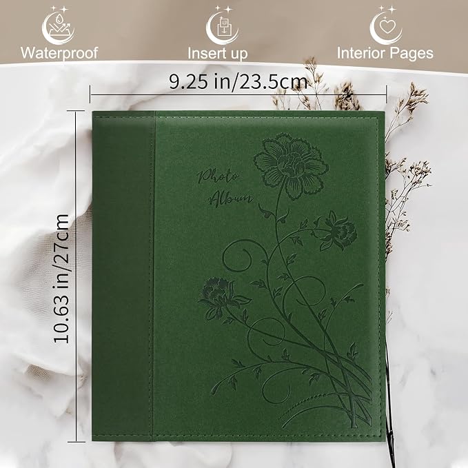 Photo Album 8x10 Clear Pages Pockets Leathe Cover Slip Slide in Photo Album Holds 100 Vertical 8x10 Photos Picture Book for Wedding Family (Dark Green)