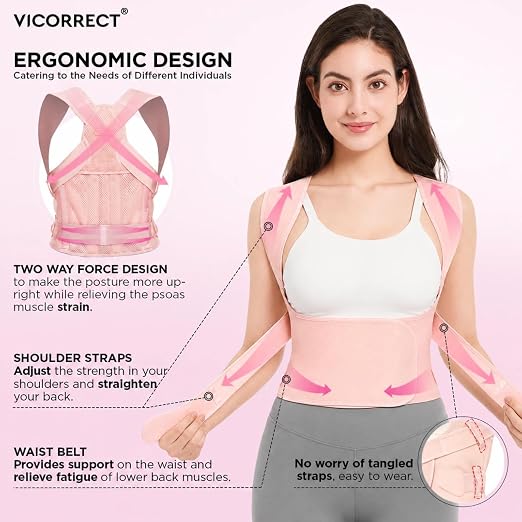 Posture Corrector for Women and Men: Adjustable Back Brace for Upper Back Support & Shoulder Neck Pain Relief - Lightweight Breathable Design (Pink Medium)