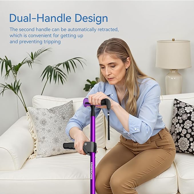 KingPavonini Walking Cane for Women/Men with Second Handle, Foldable & Adjustable Quad Cane with 4-Pronged Base for Standing, Lightweight Walking Aid for Seniors & Adults