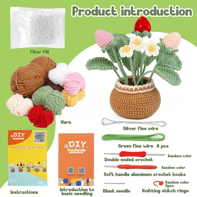 kgxulr Crochet Kit, Strawberry Beginner Crochet Kit for Adult, Knitting Kit | Crochet Kit for Beginners, Crochet Flower Kit, Beginner Crochet Kit for Adults with Step-by-Step Video Tutorials