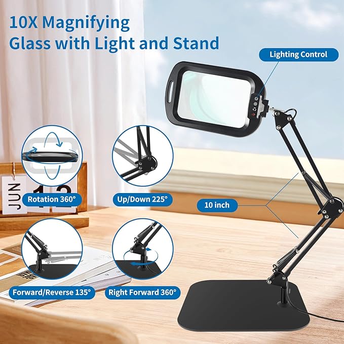 10X Rectangle Magnifying Glass with Light and Stand, 5 Color Modes Stepless Dimmable, 2-in-1 LED Lighted Desk Lamp & Clamp, Hands Free Magnifier for Reading Crafts Repair Close Work