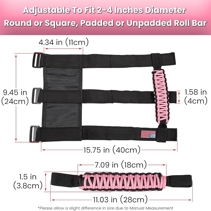 4 x Roll Bar Grab Handles Grip Handle for Jeep Wrangler JK JKU JL JLU TJ YJ Sport Sahara Freedom Rubicon Unlimited Gladiator JT 1955-2023 UTV ATV Premium Paracord Interior Accessories US Flag (Pink)