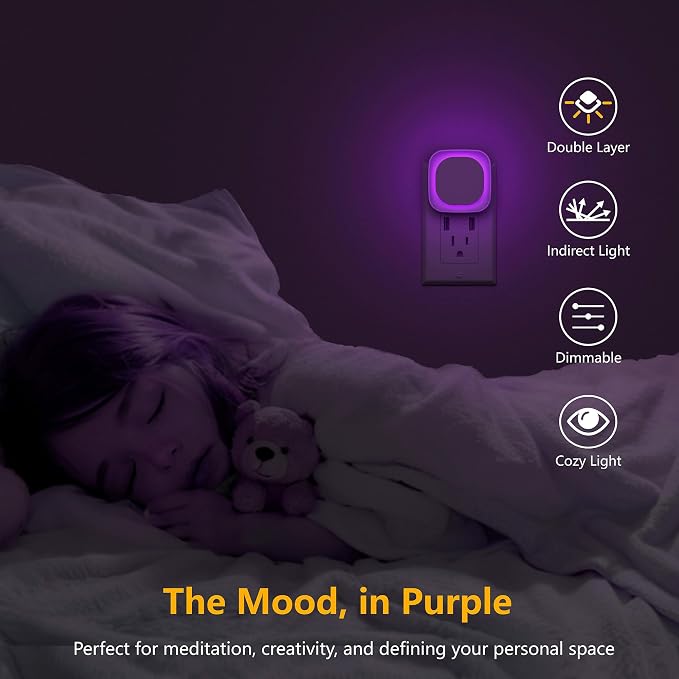 YUNLEX 2 Pack Purple Night Light, Gentle Eye-Care with Dimmable Soft Glow & Indirect Reflection, Auto Dusk to Dawn Sensor, Plug in Nightlight for Meditation Corner, Creative Studio, Bedroom, Bathroom