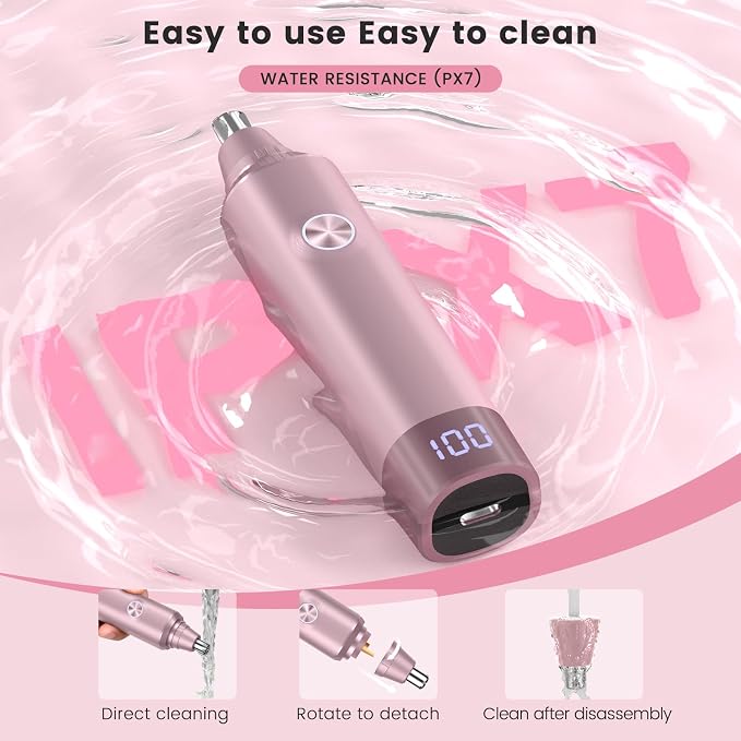 Ear and Nose Hair Trimmer for Men and Women, Painless USB Rechargeable Electric Facial & Eyebrow Hair Remover with LED Display, Dual-Edge Blades for Smooth,13000 RPM Motor IPX7 Waterproof (Rose Gold)