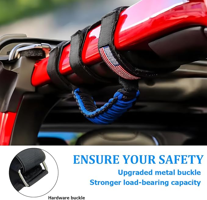 2PCS Car Roll Bar Grab Handles, Oxford Cloth American Flag ATV Paracord Grip Handle with Metal Buckle, Heavy Duty UTV Roll Cage Grab, Compatible with Wrangler JL, JT, JK (Blue)
