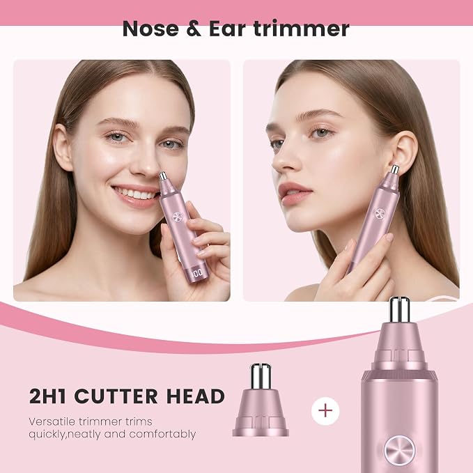 Ear and Nose Hair Trimmer for Men and Women, Painless USB Rechargeable Electric Facial & Eyebrow Hair Remover with LED Display, Dual-Edge Blades for Smooth,13000 RPM Motor IPX7 Waterproof (Rose Gold)