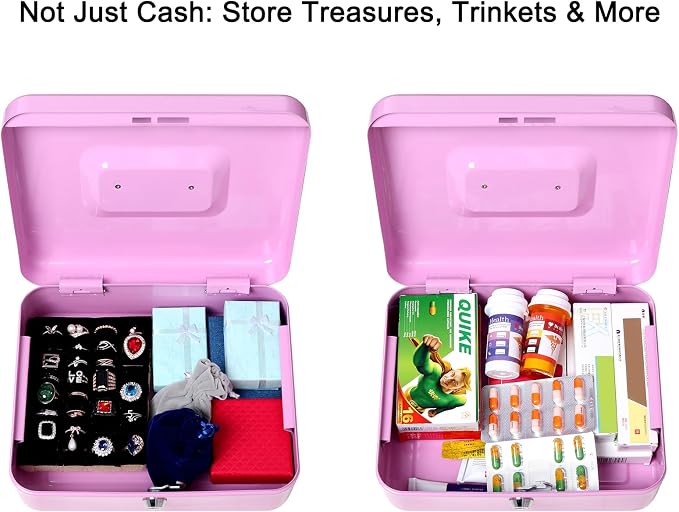Jssmst Cash Box with Tray - Light Purple Money Box with Key Lock, Money Saving Box Lock Box, 9.84'' x 7.87'' x 2.6'', Light Purple