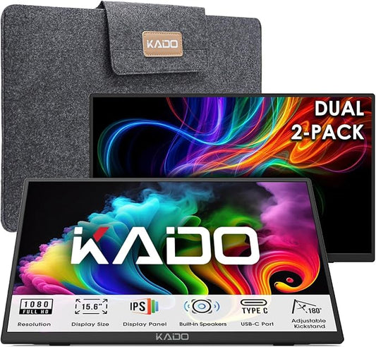Kado Dual Portable Monitor Setup - 2-Pack 15.6" 1080p IPS Triple Monitor Extender for Laptop, 1920x1080 HDMI USB-C 180° Kickstand Built-in Speakers, Stacked Desktop Setup Office Gaming Daytrading