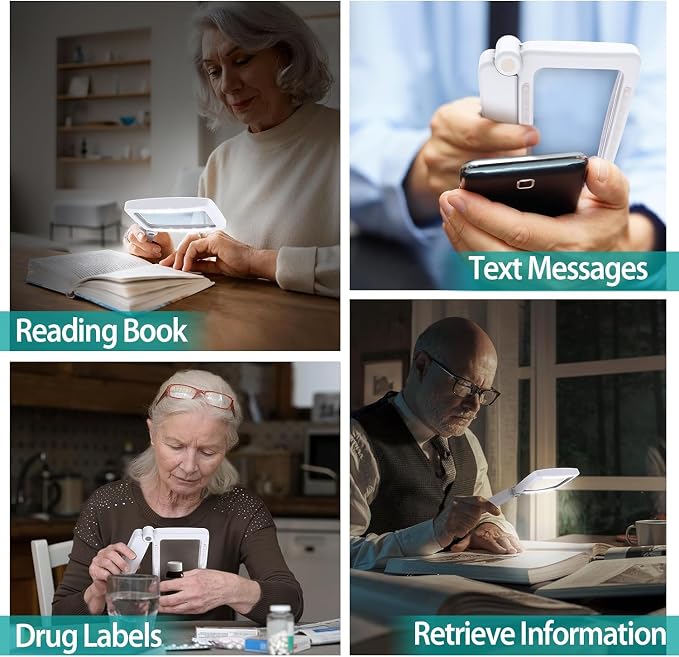 Magnifying Glass Rechargeable 5X with Light,Handheld Magnifying Glass,Close Work Reduce Eye Strain, LED Lighted Rectangle Magnifier for Reading Book Small Print for Seniors Low Vision