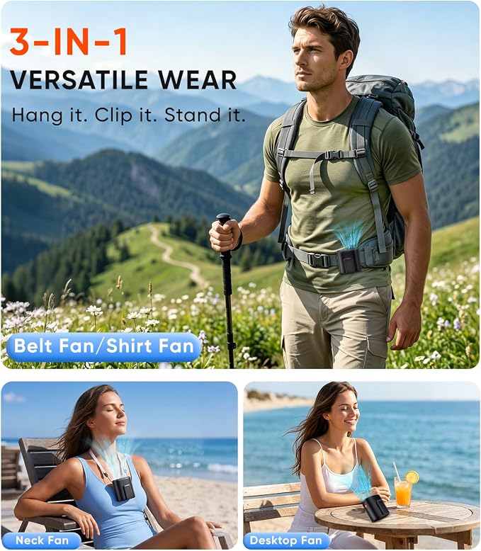 AI Portable Waist Fan, 6-Speed 15,000RPM Strong Turbo Airflow, 30H Cooling Battery Powered Personal Fan Rechargeable, Wearable Hands-Free Shirt/Belt/Body Fan for Travel, Work, Outdoor, Gift for Men