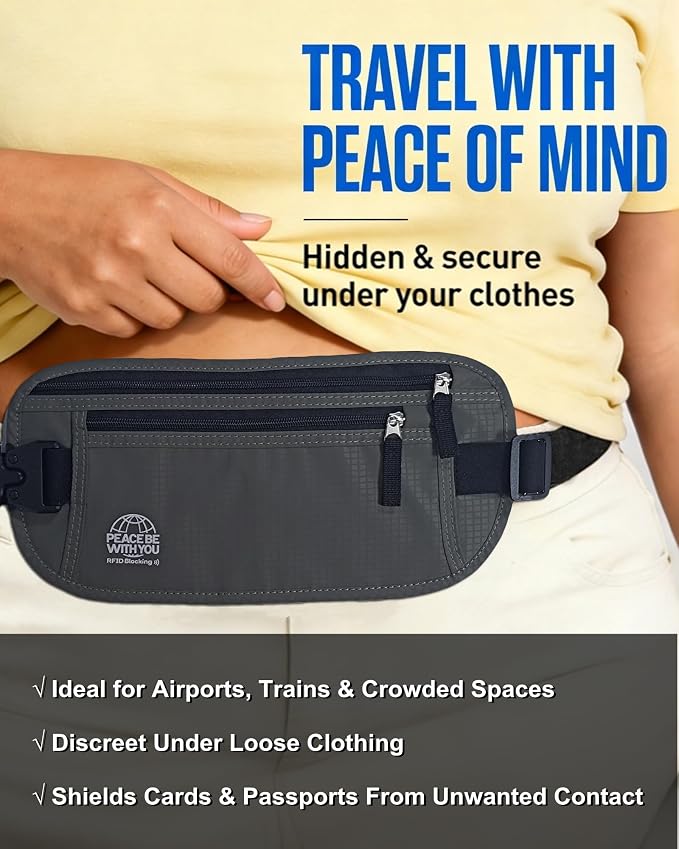 Money Belt for Travel, Passport Holder, RFID Blocking, Sweat-Proof, Gray | 3rd Gen Hidden Waist Wallet Anti Theft to Protect Cash, Credit Cards and Documents Under-Clothes for Men & Women, Bamneat