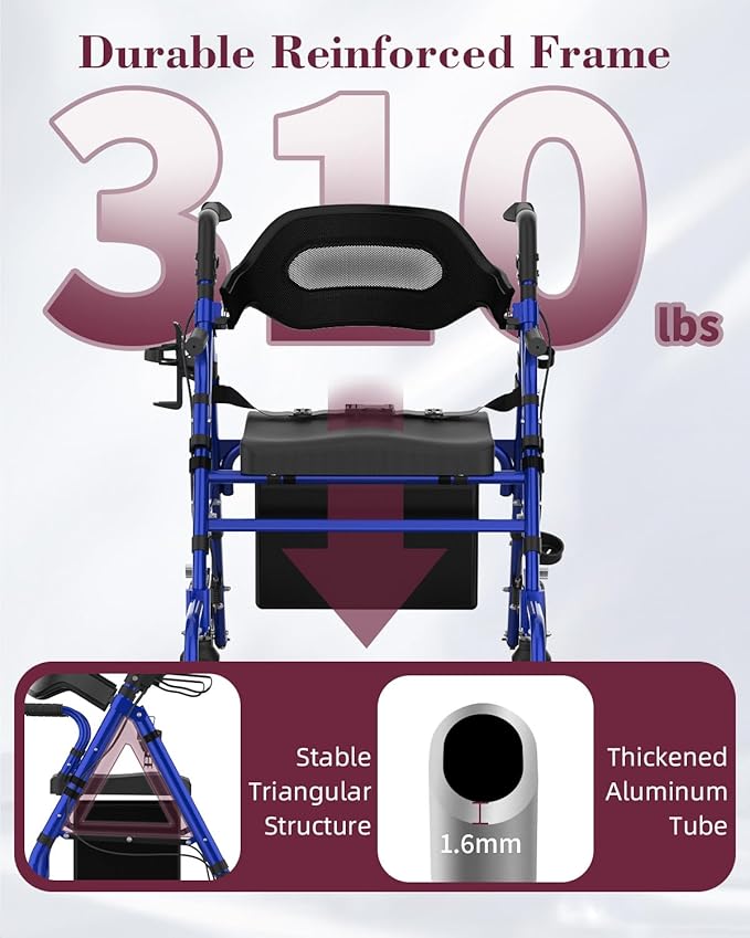 Walkers for Seniors with Seat, 2 in 1 Rollator Walker & Transport Chair with Reversible Backrest & Detachable Footrests, Folding Wheelchair with 8" Anti-Slip PU Wheels, Blue