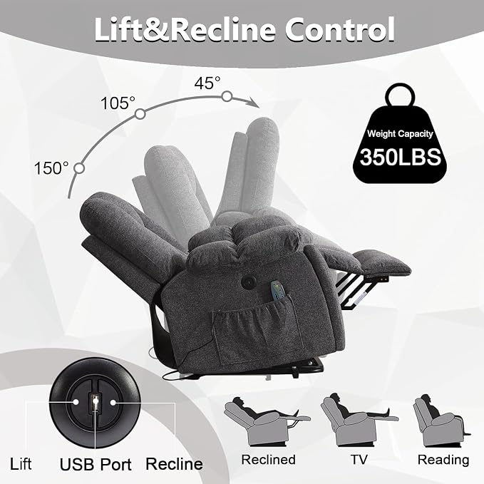 Power Lift Recliner Chair with Massage and Heat for Elderly, Overstuffed Wide Recliners, Heavy Duty and Safety Motion Reclining Mechanism with USB Ports, 2 Concealed Cup Holders, Smoke Gray