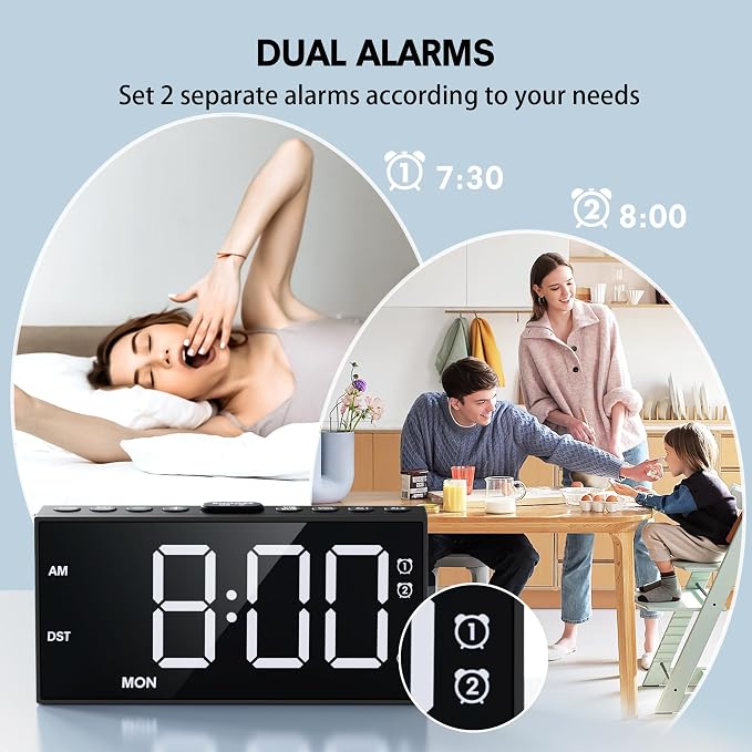 Mesqool Loud Alarm Clock with Bed Shaker & Dual Alarms, USB Port | Extra loud Vibration Alarm Designed for Heavy Sleepers & Hearing Impaired. 5-level Dimmer, Battery Backup, Snooze & DST