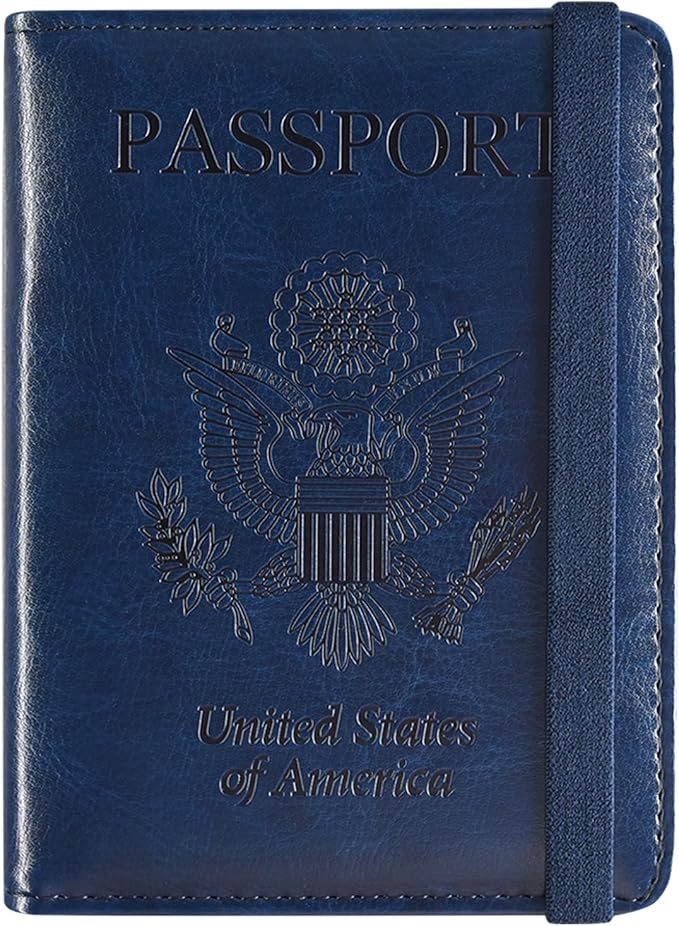 ACdream Passport Holder Cover, Leather Travel Wallet Case, RFID Blocking Document Organizer Protecrtor, with Slots for Credit Cards, Boarding Pass, for Women and Men, Navy Blue