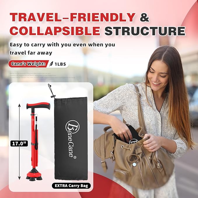 BeneCane Walking Cane for Men & Women Walking Stick for Seniors Folding Canes Quad Cane Adjustable Lightweight Sturdy Collapsible Heavy Duty with Soft TPR T-Handle and Travel Bag