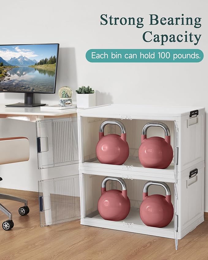 OlarHike 97QT Stackable Storage Bins with Lids - Folding Storage Box with Doors and Wheels, Collapsible Plastic Storage Drawers for Closets and Organization, Garage, 4 Pack Cubes