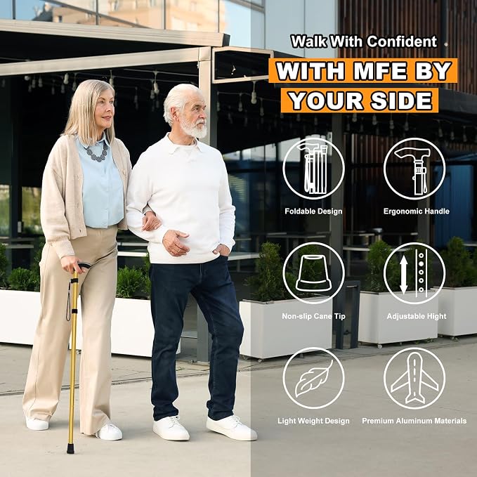MFE Folding Cane, Portable 5-Level Adjustable Height Walking Stick with Foldable Design, Wrist Strap, and T Handle for Men and Women
