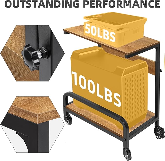 2-Tier Computer Tower Stand Adjustable, Gaming PC Floor Stand Large for ATX, E-ATX, ITX, Rolling PC Tower Cart with Guardrail, Metal Locking Wheels, 32.7" X 21.6" X 15.8",Walnut