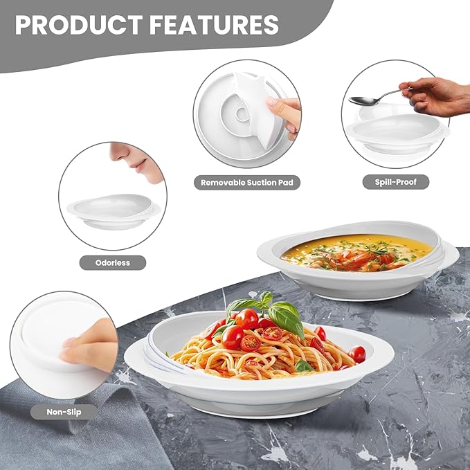 2Pack Spill Proof Scoop Plate with Non-Skid Suction Base, Adaptive Self-Feeding Dinnerware for Elderly and Disabled(White)