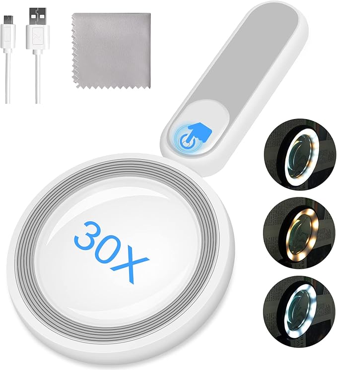 Rechargeable Magnifying Glass with Light, 30X 4.7IN Handheld Large Lightweight Lighted Magnify Len 21 LED 3 Modes Illuminated Book Magnifier for Senior,Reading,Inspection,Coin,JewelryChristmasGift