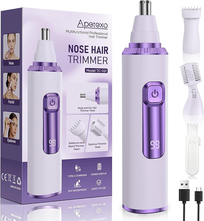 Nose Hair Trimmer for Women, 3-in-1 Painless & Gentle Trimmer for Nose, Eyebrows & Facial Hair, Type-C Rechargeable Precision Groomer with Double-Edged Blades, IPX7 Waterproof - Purple