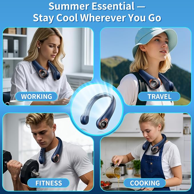BNBZ Portable Neck Fan, 6000mAh Rechargeable Fan Blows Cold Air with LED Display, 4 Speeds, 20H Runtime, Quiet Wearable 360° Personal Cooling Fan for Outdoor Travel Work Gym,Fireplace Fans-Blue
