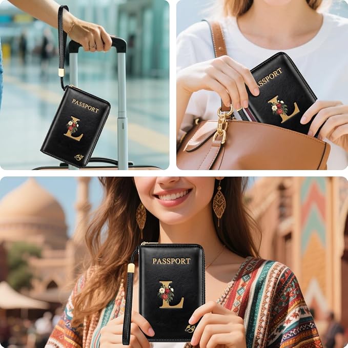 Passport Holder for Travel Personalized Wallet with Wristlet Women | Passport Cover, RFID Blocking, Passport Book Holders, Back Coin Pocket, Zipper Closure, Roses Initial Letter, Black L