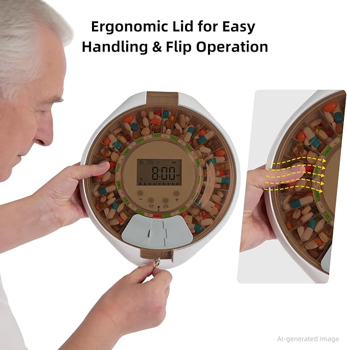 EziMedPil 28-Day Automatic Pill Dispenser with Top Lock Friendly for Senior | Ergonomic Lid Design for Easy Flipping, 9 Daily Alarms & Sound-Light Alert, Easy-Read LCD & Simple 4-Button Intuitive Setup