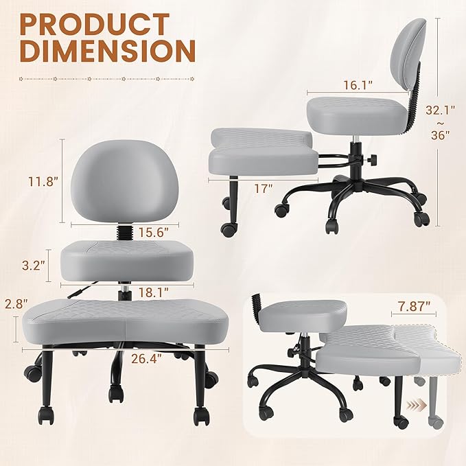 Ergonomic Cross Legged Office Chair with Wheels - Adjustable Height Kneeling Meditation Chairs for ADHD, Yoga & Desk Work - Wide Criss Cross Seat with Lumbar Support, Gray