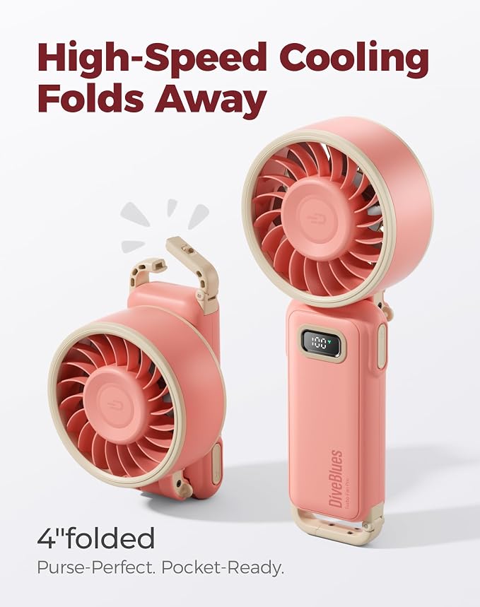 Diveblues Portable Turbo Fan, Pink Travel Fan, Wearable Neck Fan | Small High Speed Handheld, 180° Foldable 4-in-1, Personal Neck Fan with Carabiner Clip, 100 Speed Stepless Control
