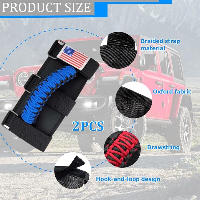 2PCS Car Roll Bar Grab Handles, Oxford Cloth American Flag ATV Paracord Grip Handle with Metal Buckle, Heavy Duty UTV Roll Cage Grab, Compatible with Wrangler JL, JT, JK (Blue)