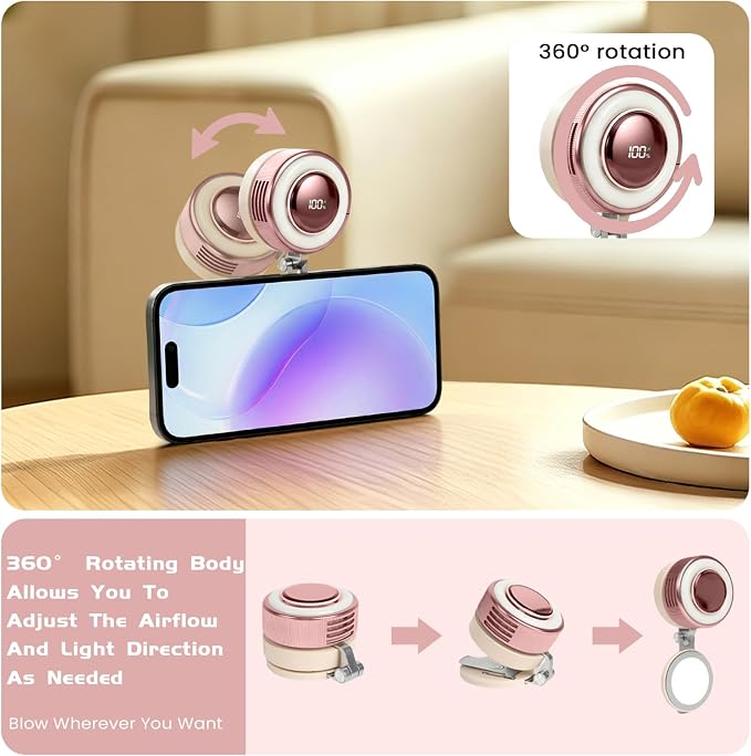 Portable Clip-On Fan, Mini USB Rechargeable 360° Rotatable Fan, Personal Fan 3-Speed Silent Mini Bladeless Fans (Pink-2000mAh)
