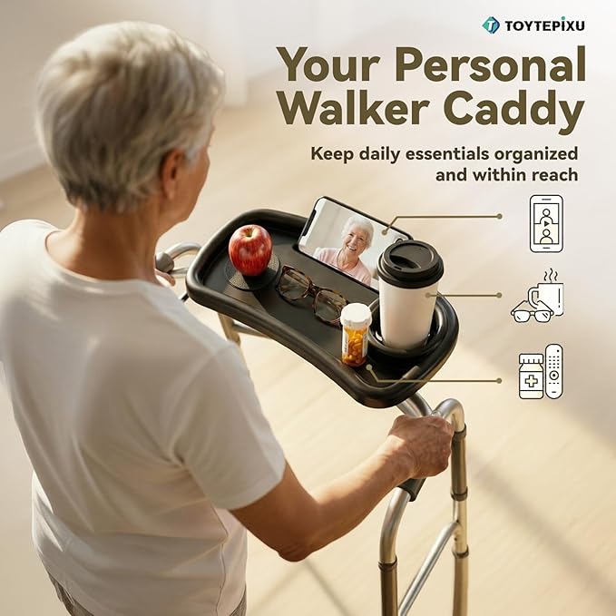 Slim Walker Tray Attachment for Seniors, Black | Front-Mount Compact Caddy, Cup Holder & Phone Slot, Fits 0.6"-1.4" Round Tube, Clear-View Organizer, 5 lbs Capacity