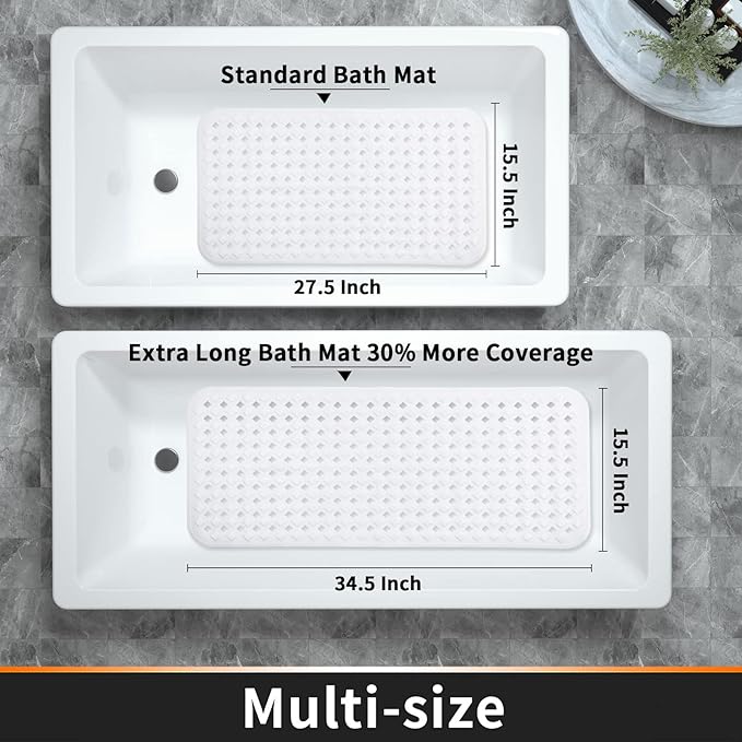 Yimobra Non Slip Bath Mat, Super Strong Suction Cups,34.5"x15.5"Long Tub Mat with Drain Holes, Machine Washable Fast Draining Shower Mats, Bathroom Essentials,White