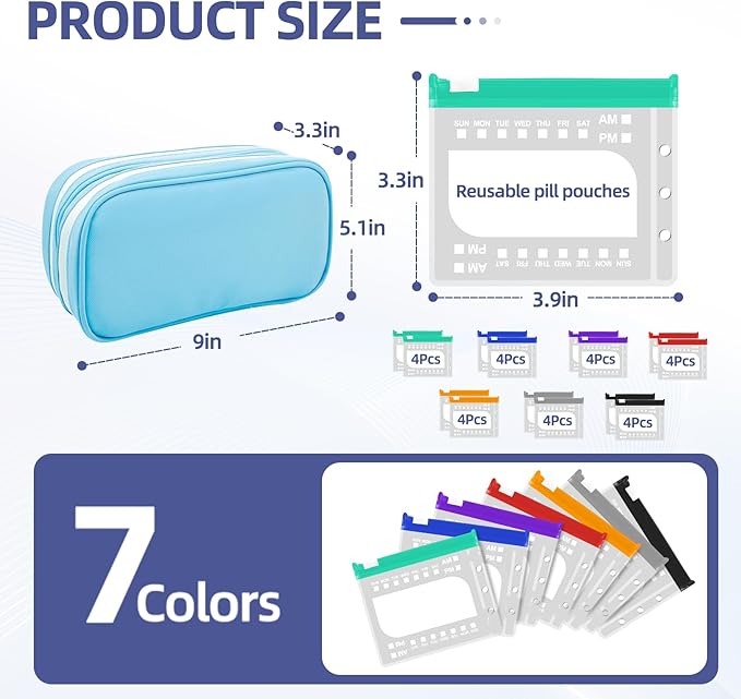 Timueetech XXL A6 Pill Organizer, 28 BPA-Free Medication Pouches for A6 Binders, Large Monthly Waterproof Storage System with Double-Compartment Travel Case, Blue