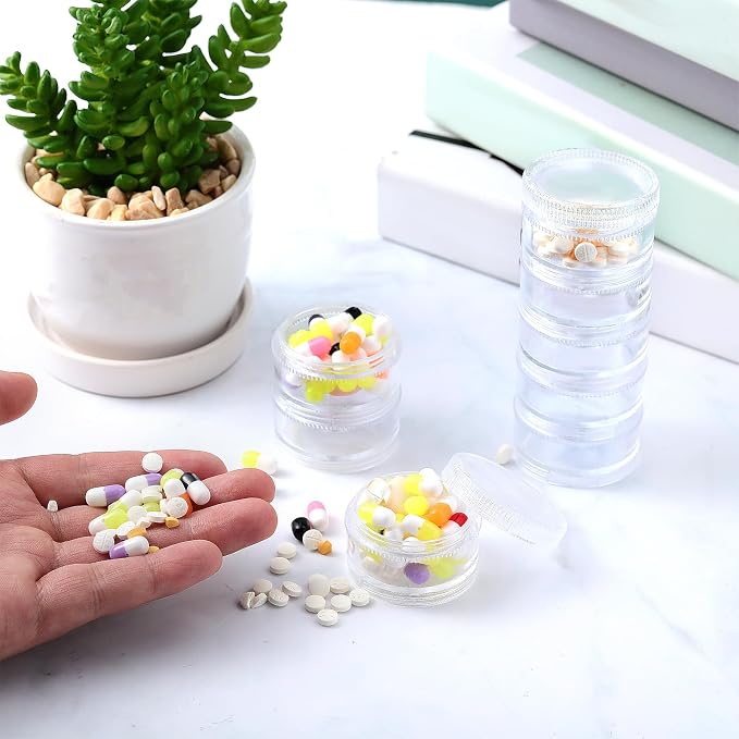 Sieral 6 Pack 7 Day Stackable Pill Organizers Round Pill Organizer Case Stackable Weekly Supplements Vitamins Individual Storage Container Boxes Holder Dispenser with Lids for Travel Medicine, Clear