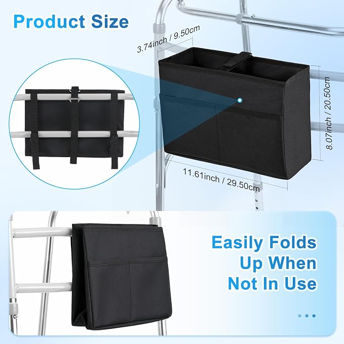 Rhino Valley Walker Basket for Walkers Accessories for Seniors,Black | Basket for Walkers with Multi Pockets, Hand-free Carry Pouch Storage Bag Walker Accessories for Universal Walkers for Seniors