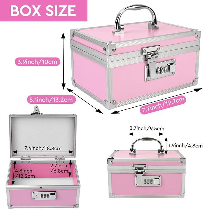 Medication Lock Box Aluminium Alloy Combination Lock for Home and Travel Medicine Lock Box,First Aid Safe Medication Storage Box,7.66''x 5.12''x 4.13'' (Pink)