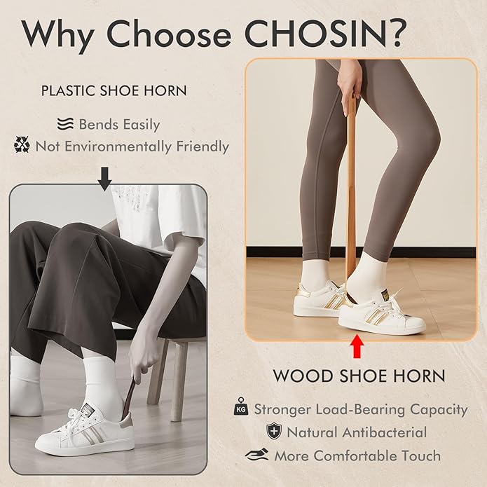 CHOSIN Shoe Horn Long Handle for Seniors, 24" Long Shoehorn Wooden for Boot, Durable Shoe Spoon for Seniors Women Men Gifts