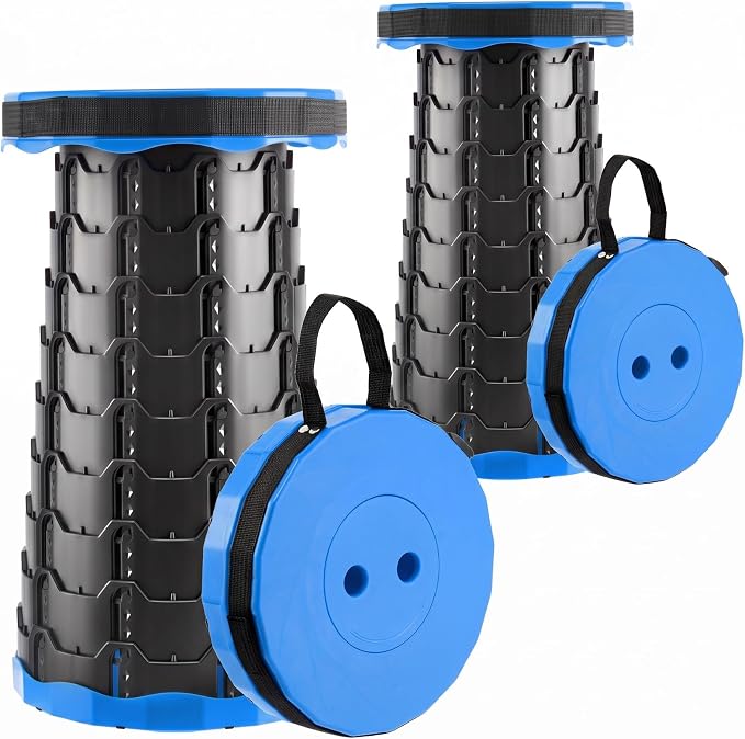 Doseno Collapsible Stool 2 Pack, Portable Telescoping Seat, Light Blue | 2 light blue adjustable stools with twist-lock setup and carry straps for camping, fishing, travel, events, and home