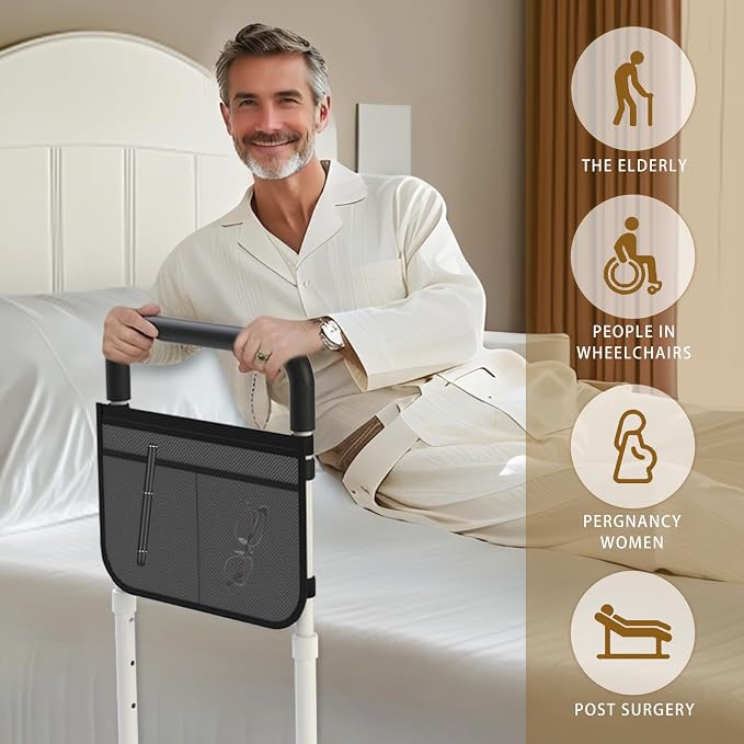 Bed Rails for Elderly Adults Safety, Bed Handle Bedside Assist, Adult Bed Rails for Seniors, Adjustable Bed Bar with Storage Pocket & Fixing Strap, Bed Cane Fits Twin, Queen, Full, King Bed
