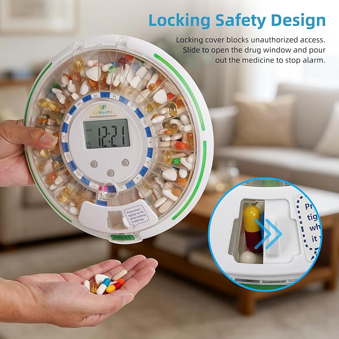 EziMedPil Automatic Pill Dispenser with Alarm for the Elderly | 28-Day Clear Lid & LCD Display Monitoring Pill Organizer with Sound-Light Reminders, 6 Daily Alarms & Lock Design for Pills