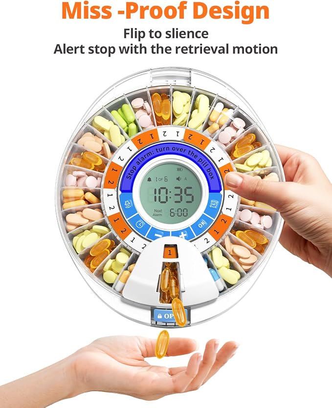 Betife 2nd Gen Automatic Pill Dispenser for Elderly with Alarm | 28 Slots, Key Locked, Alarm & Light Reminder, Mix-Proof, XL Display, 6 Dosage Rings，Easy Setup