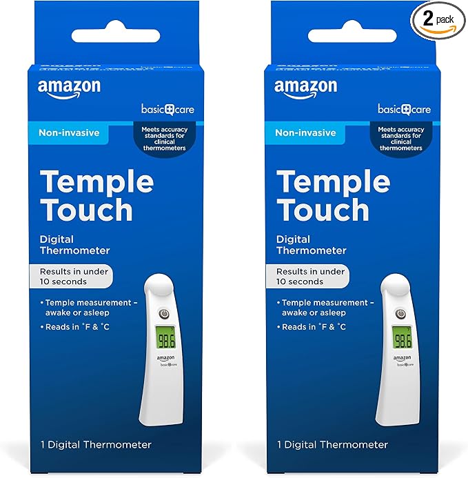 Amazon Basic Care Temple Touch Digital Thermometer, Instant Read, Easy to Use, Fast Accurate, White (Pack of 2)