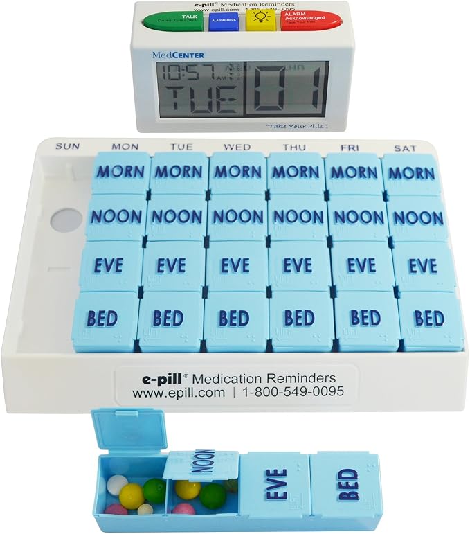 e-Pill 4 Times a Day x 7 Day Large Weekly Pill Organizer, Vitamin, and Medicine Pillbox - with 4 Alarm Talking Reminder