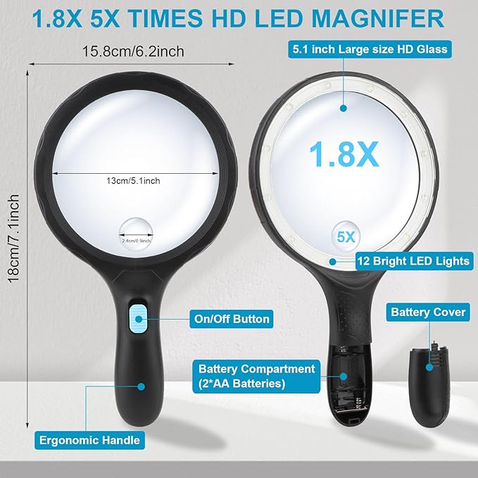 Rongon Magnifying Glass with Light, Handheld Illuminated Lighted Magnifier,1.8X 5X Illuminated Magnifying Loupe for Seniors Books Inspection Exploring Hobbies