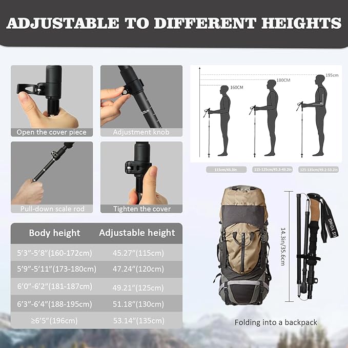 HUINING Hiking poles with cork handle, foldable hiking poles, telescope, Nordic walking poles for men and women, trekking poles, ultralight trekking poles made of aluminium with lots of accessories