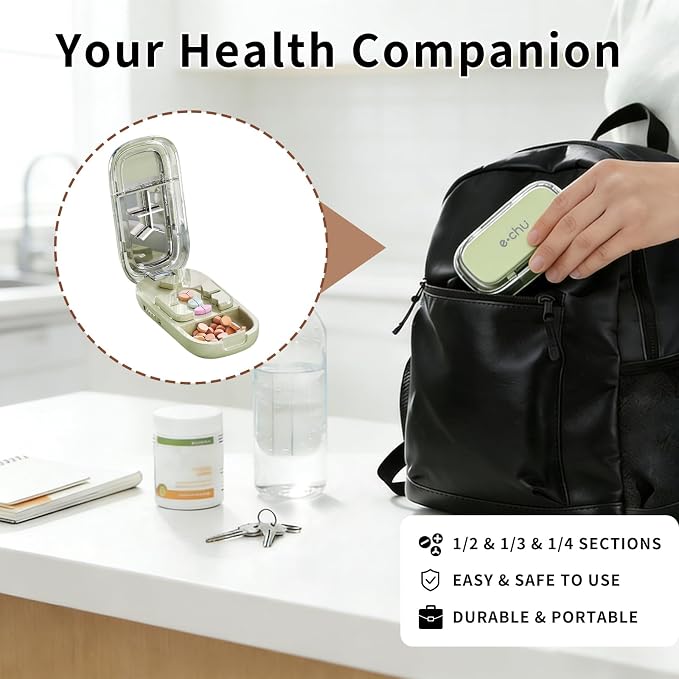 Pill Cutter Splitter for Small and Tiny Pills - Adjustable Pill Cutter for 1/2 1/3 1/4 Quarter Split, Built-in Pill Case for Travel, Pocket, Safe for Medication, Not for Large Hard Vitamins (Green)
