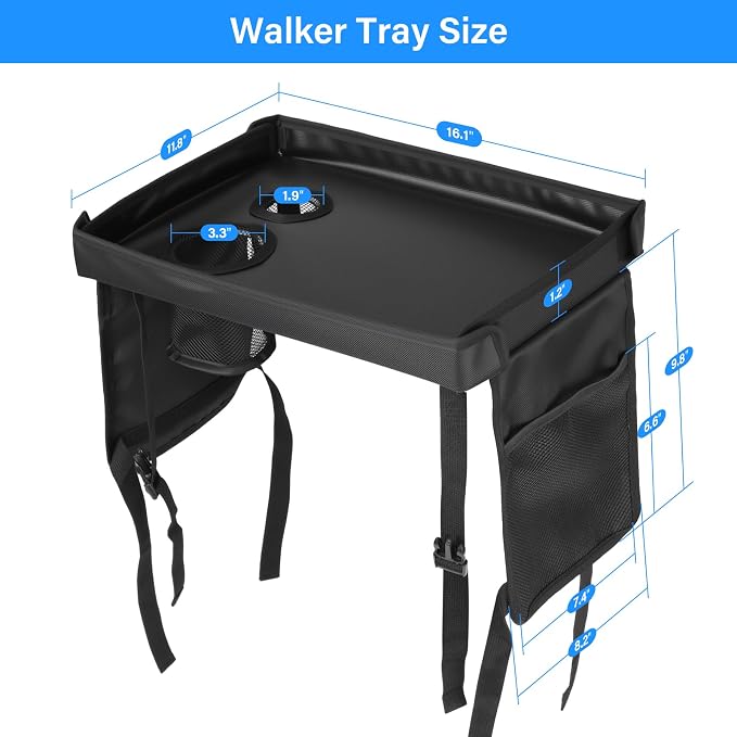 Detachable Walker Tray with Cup Holder & Side Pockets, Non-Slip Universal Table Accessory for Folding Rolling Walkers Seniors